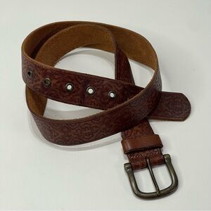 Stamp 10 Tooled Leather Belt Women L Tobacco Color Boho Hippie Southwestern